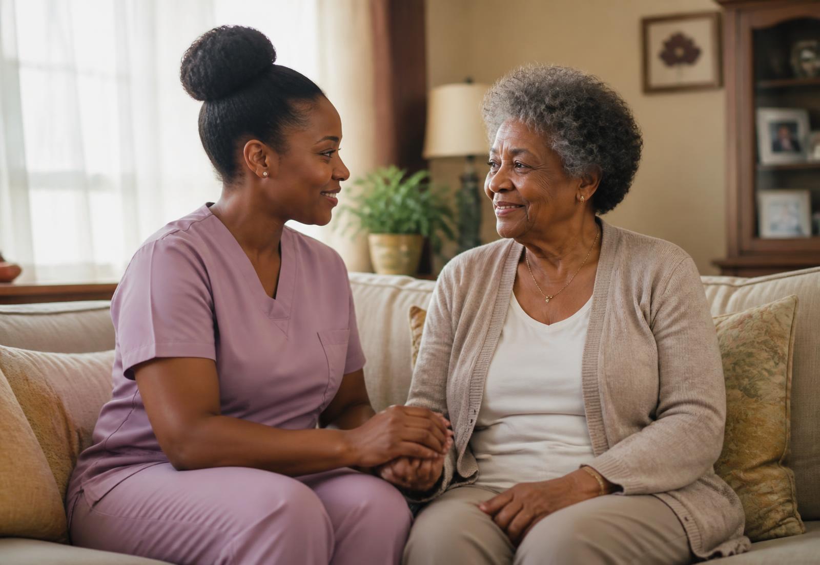 A caregiver in mauve scrubs sitting beside a smiling older woman on a sunlit living-room sofa, holding her hand